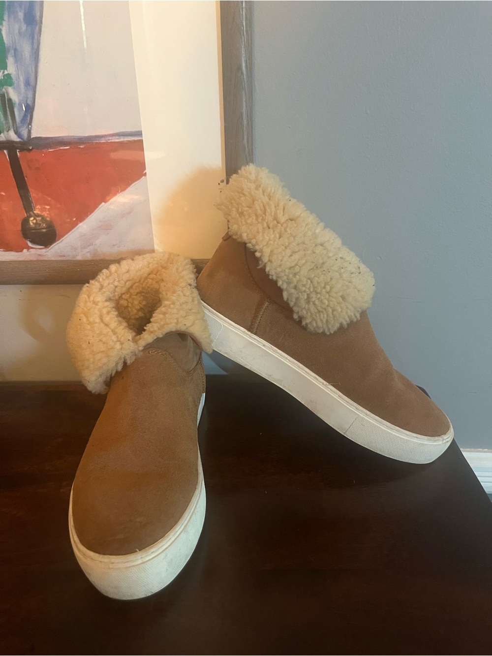 Women’s Tan Suede Faux-Shearling Slip-On Sneakers Size 8